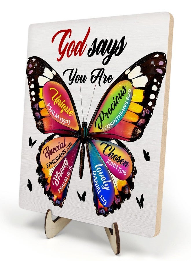 DMADNF Inspirational Bible Verse Wooden Plaque Sign Decor, Christian Gifts Religious Gifts for Women, Christian Home Office Desk Butterfly Decor, God Says You Are Unique (White, 5.9 x 5.9 inches) - Image 1